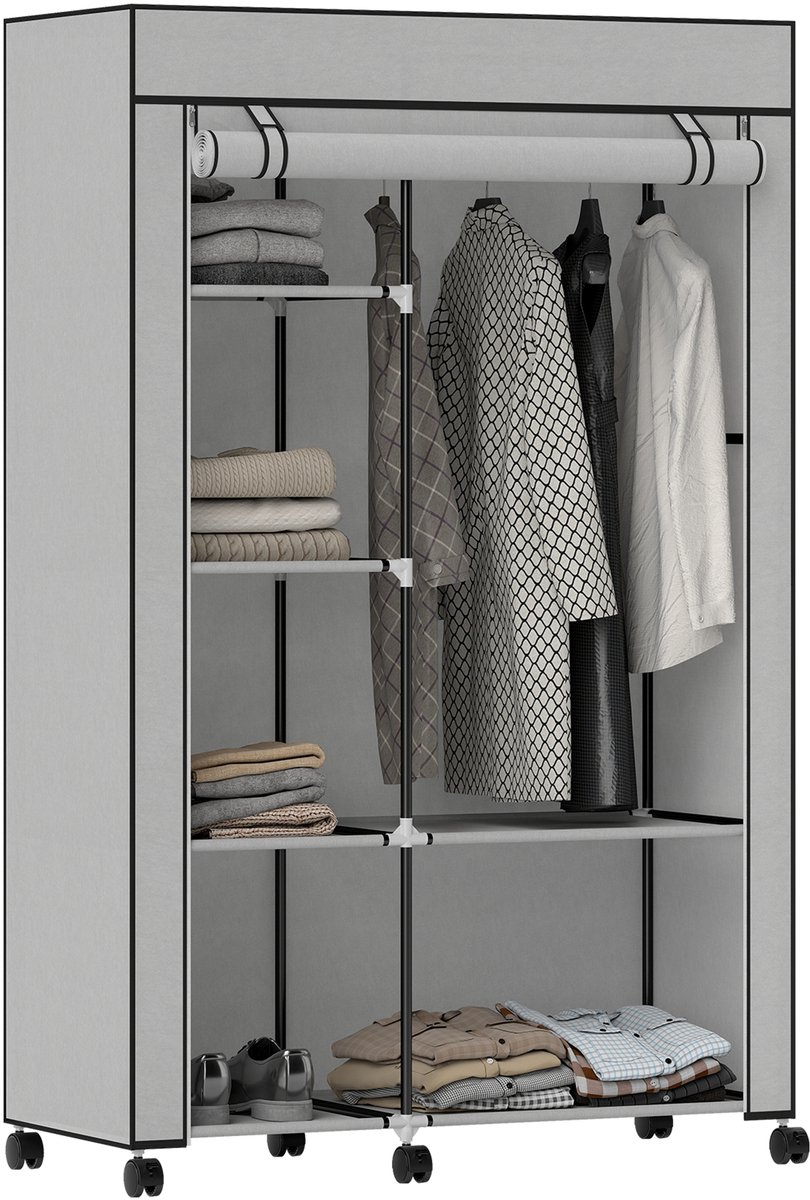 HOMCOM Stoffen kledingkast-Staal, Vliesstof-103L x 43B x 162,5H cm-Lichtgrijs