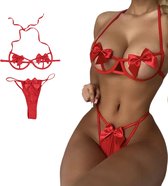 Sexy Dames Lingerieset – Rood - Met Strikken – Tweedelige Lingerie Set - Halter Bralette Met Strikjes - String - Ondergoed Voor Vrouwen - Maat L