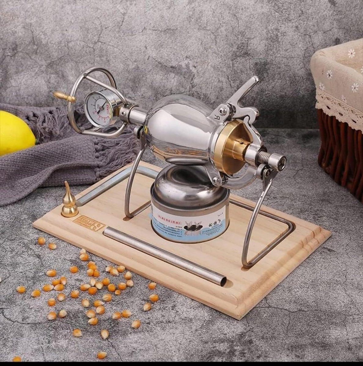 Popcornmachine van roestvrij staal met houten basis, popcornmaker met dubbele druk, 340 ml capaciteit voor thuisfeest en evenementen