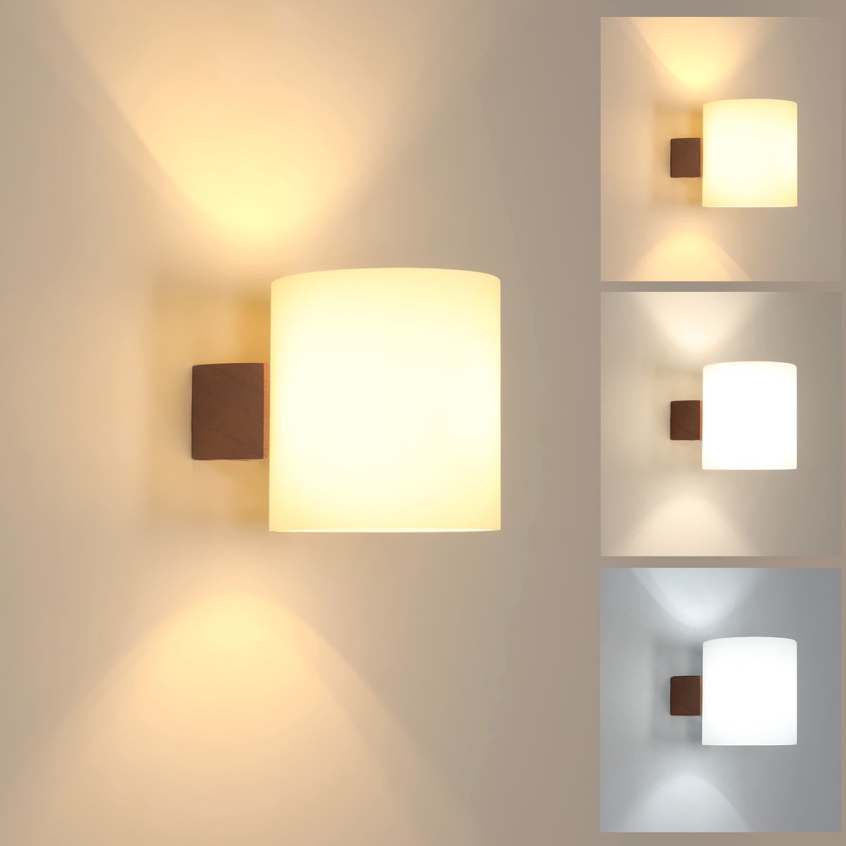 Haobosic Scandinavisch Notenhout - Wandlamp - Glas+Cilinder - 16 cm - 4W Driekleurig