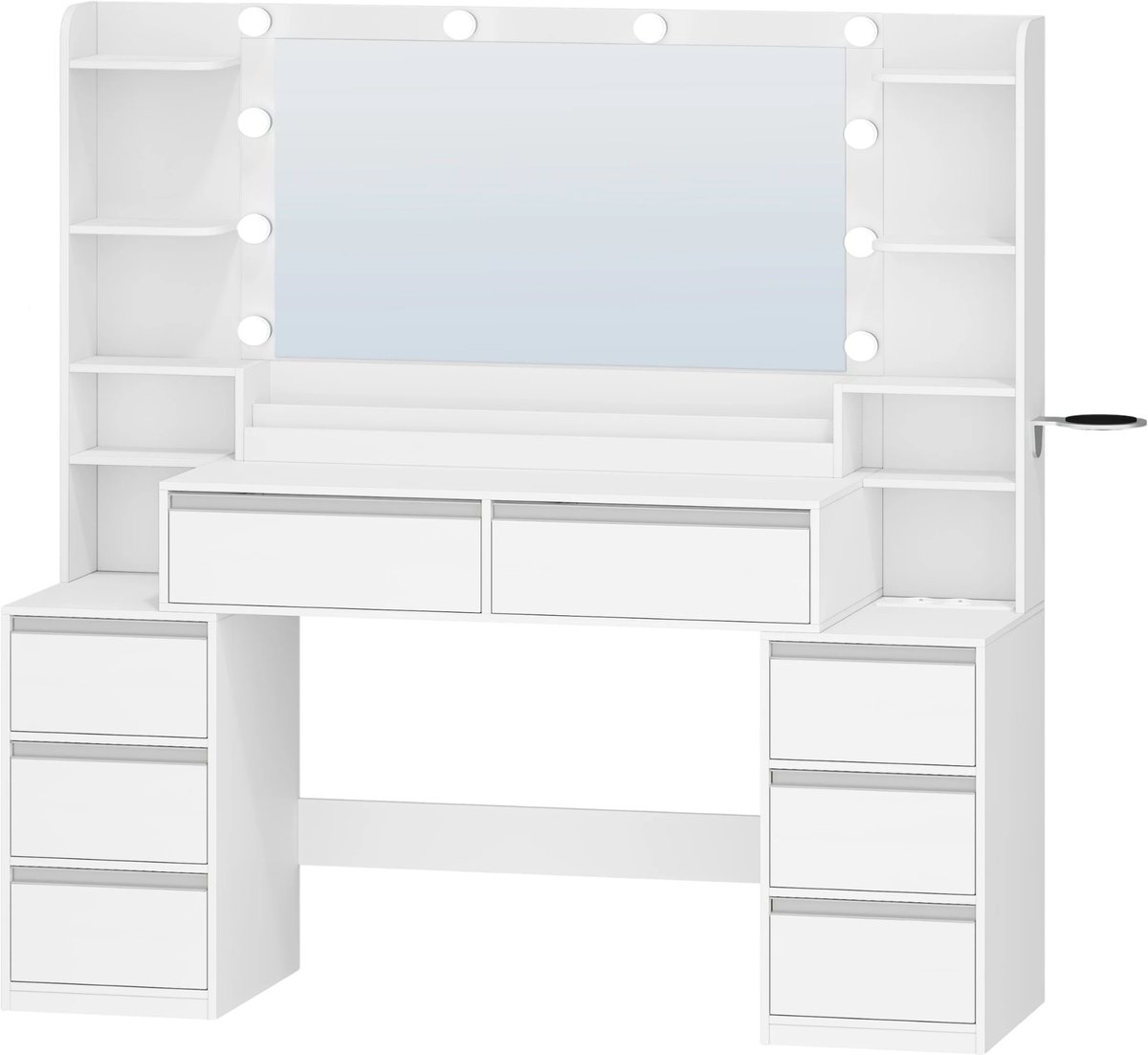Happiq Dressing Table – Voor Slaapkamer en Make-up – Kaptafel met Grote Spiegel, 8 Lades en Open Vakken – Modern Wit White
