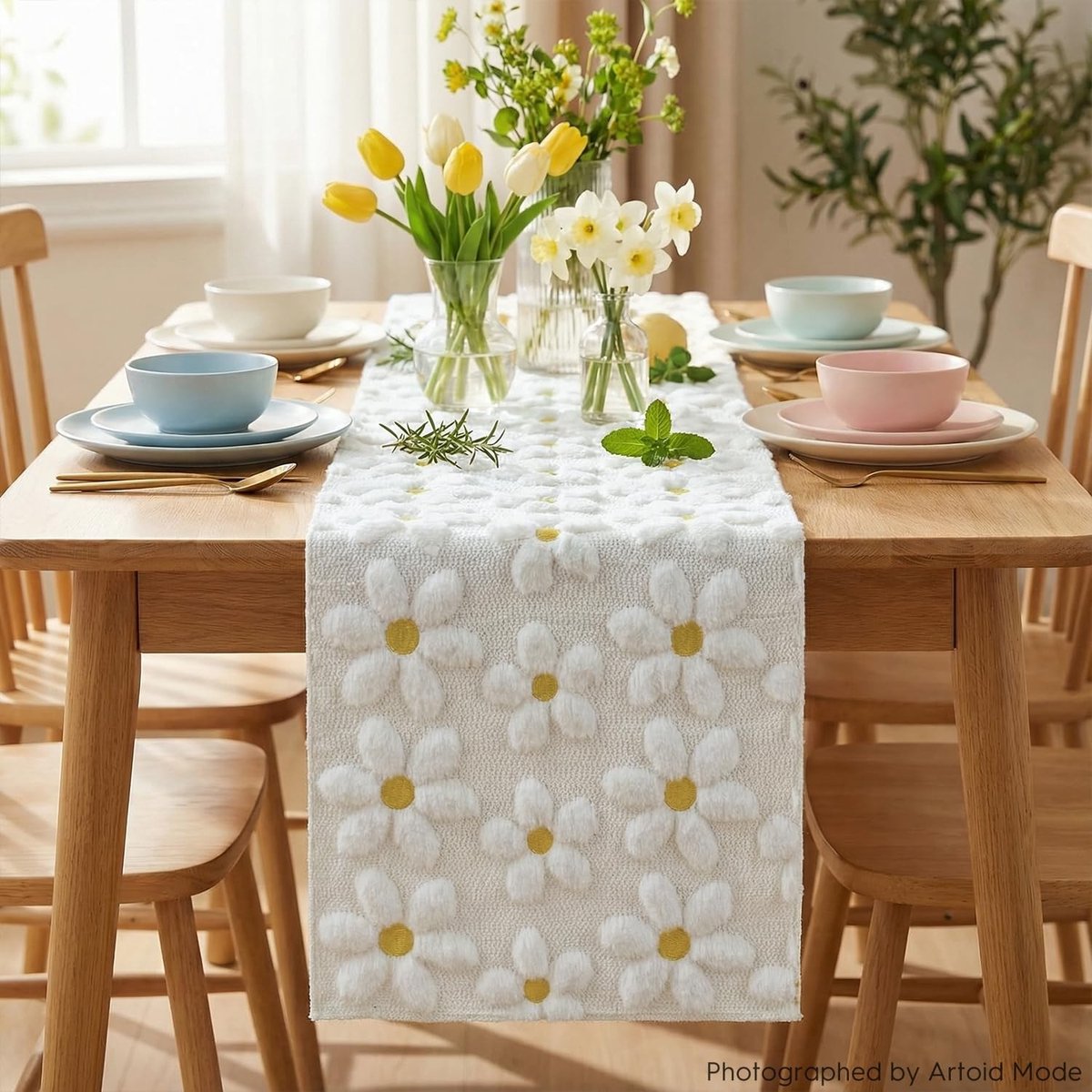 Dailygoods - Zachte Pluche Imitatiebont Tafelloper Crèmewit Madeliefje 230 cm