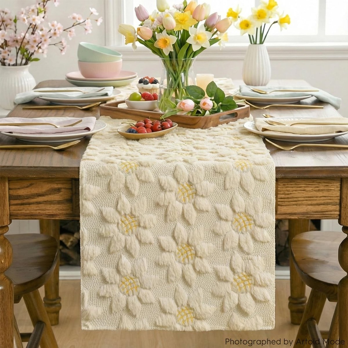 Dailygoods - Zachte Pluche Tafelloper met Zonnebloemen 33 x 230 cm