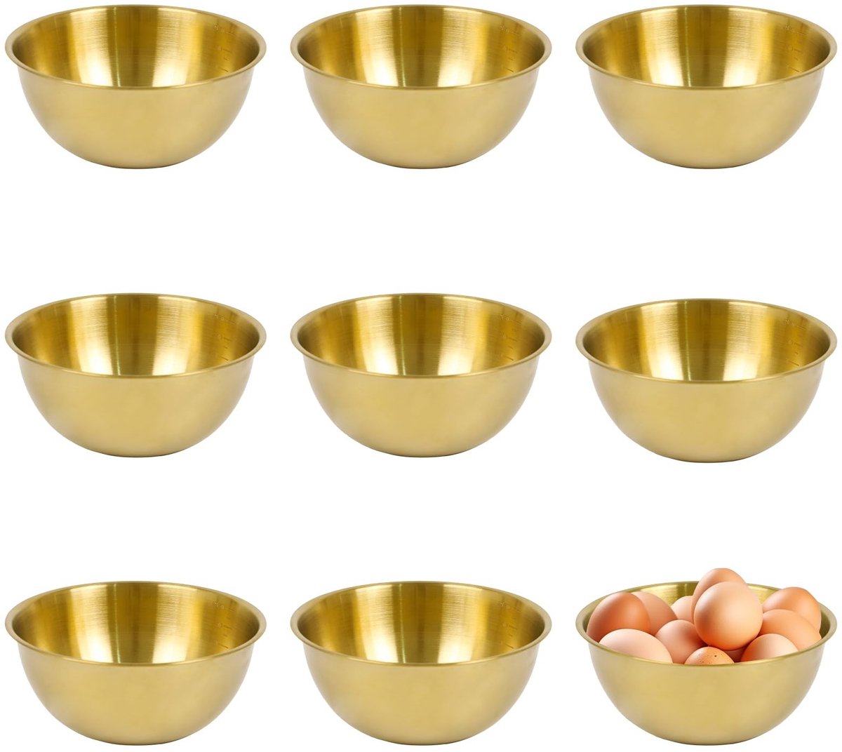 Dailygoods - Set van 8 Gouden Roestvrijstalen Keukenkommen 17 cm