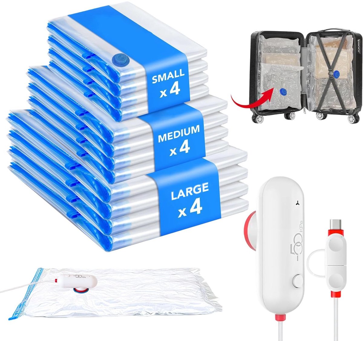 Dailygoods - 12 Stuks Herbruikbare Vacuümzakken met Elektrische Pomp voor Kleding