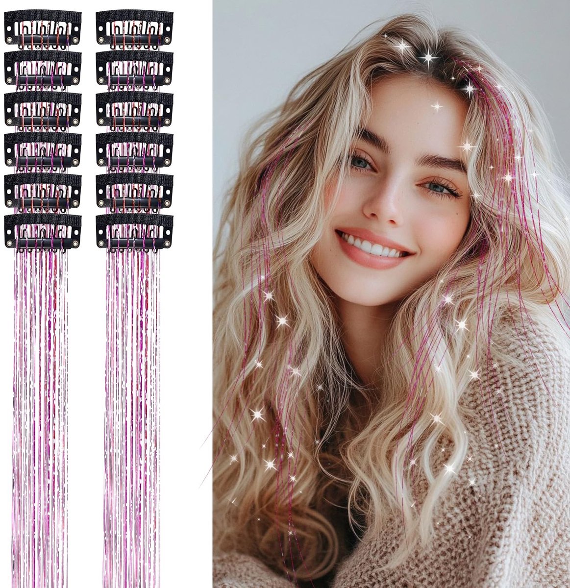 Dailygoods - Innovra - 12 Stuks Hittebestendige Haar-Tinsel-Extensions in Purperrood