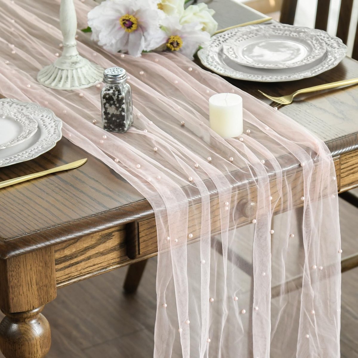 Dailygoods - Roze Tule Tafelloper met Parels 70 x 300 cm voor Bruiloft en Feest