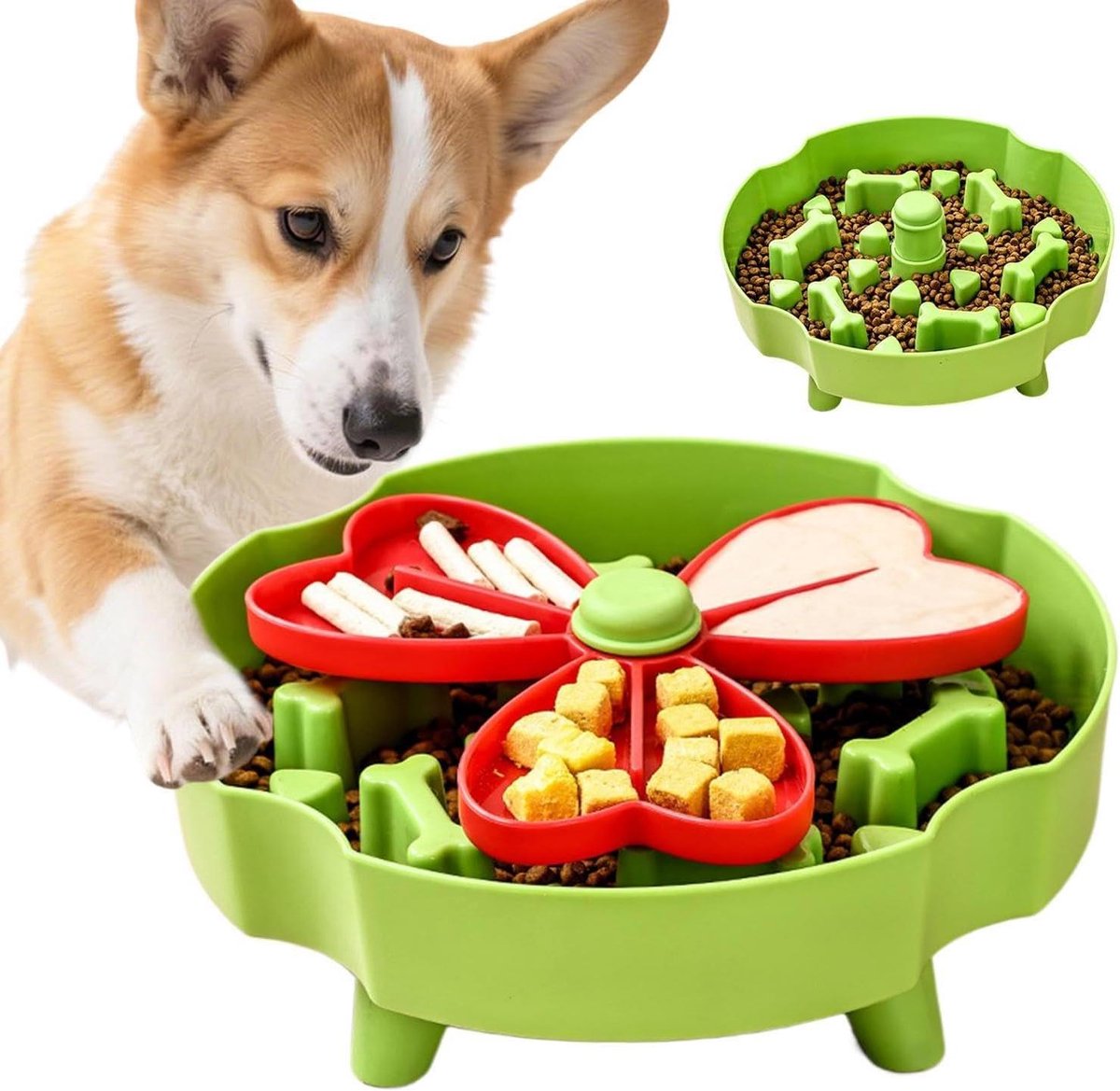 Anti-schrokbak hond - Puzzelvoederbak - Gezonde voeding - Antislip bodem - 25 x 25 x 9 cm - Groen