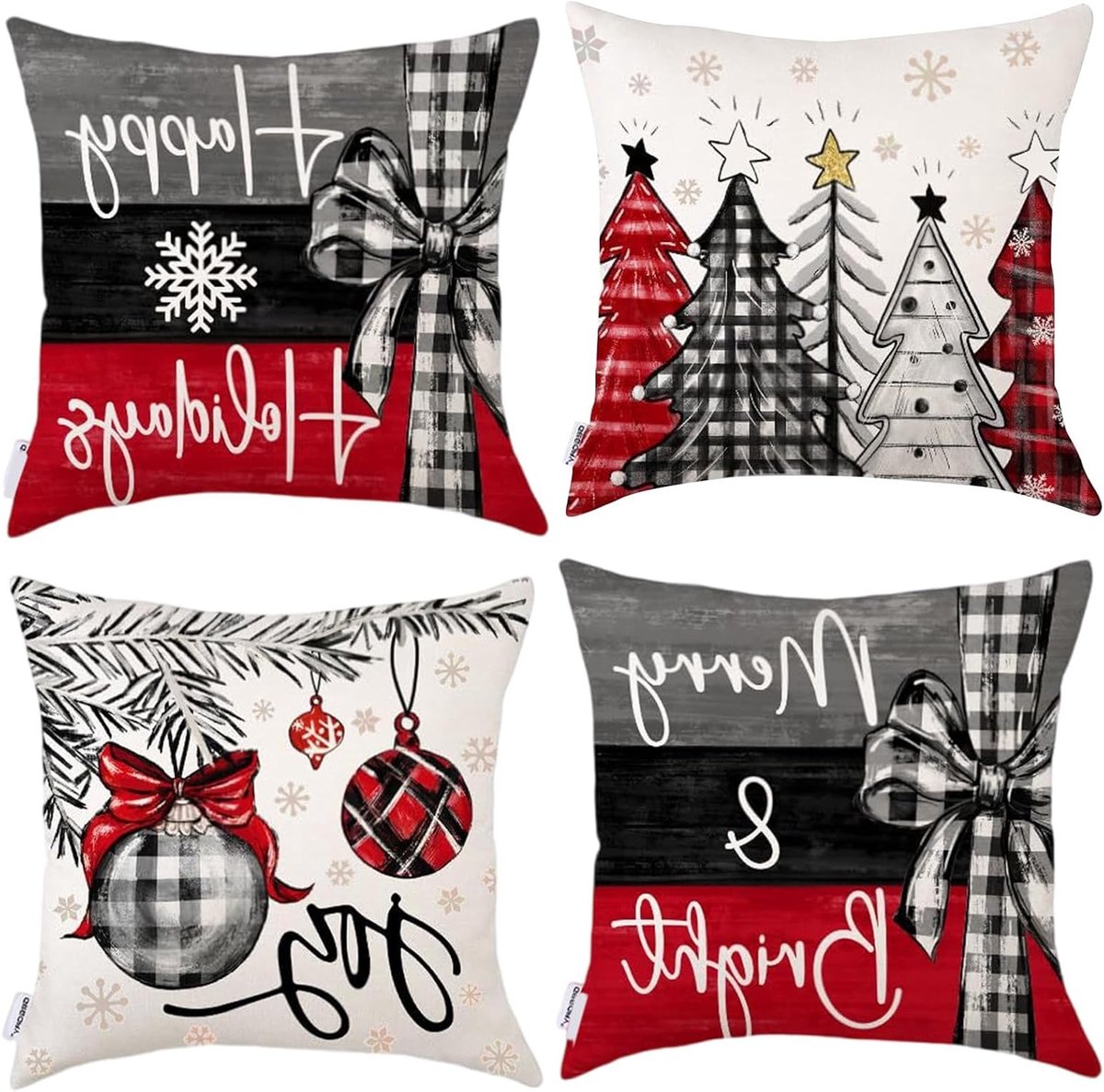 Kerstkussenslopen 45 x 45 cm, set van 4, met kerstboom en sneeuwvlokken, perfect voor woonkamer en slaapkamer decoratie
