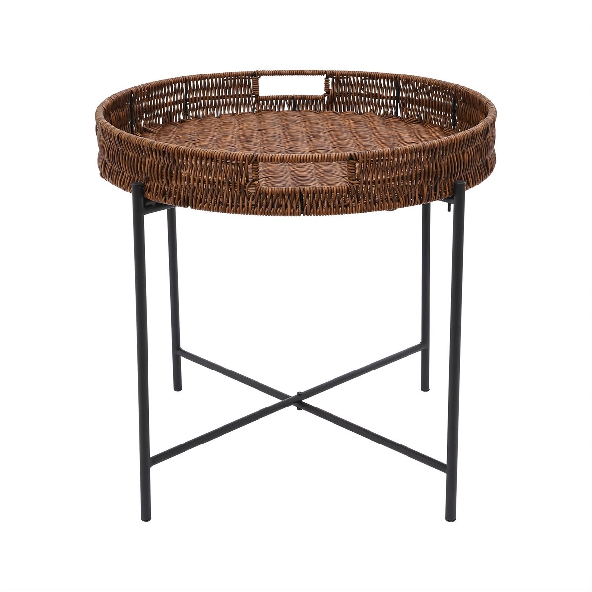 Happiq Opvouwbare Ronde Bijzettafel – Gevlochten Rotan Look Salontafel met Afneembaar Dienblad – Voor Woonkamer en Slaapkamer – Multicolor (Zwart/Bruin) Black + Brown