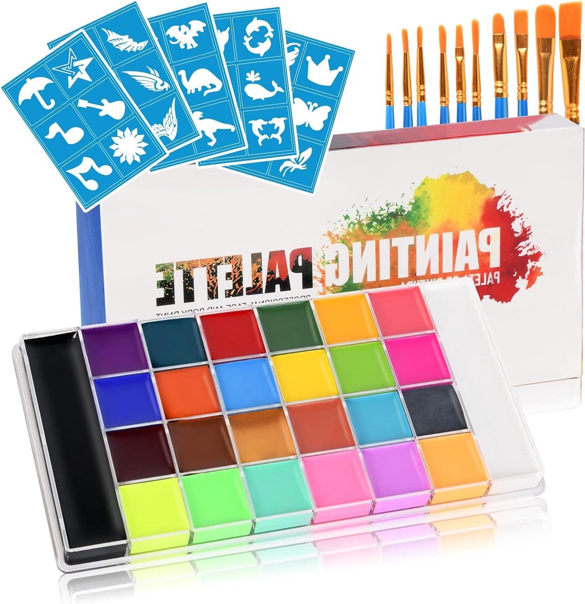 Professioneel Face en Body Palette met 26 Kleuren voor Halloween Makeup, Inclusief 10 Kwasten en 5 Sjablonen voor Creatieve Looks
