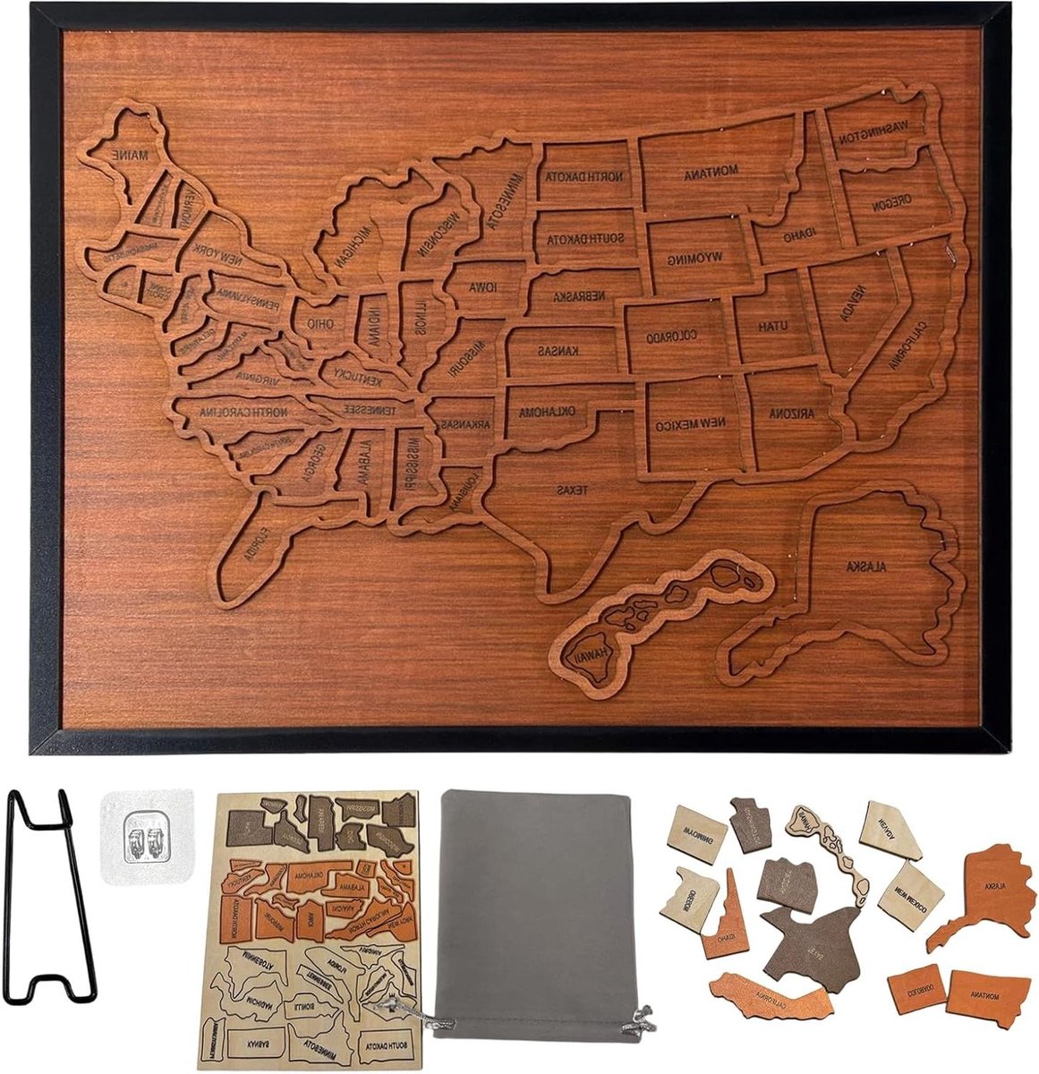 Houten Kaart Puzzel - Interactieve Kaart - Reizen Vastleggen - Afneembare Staat Markers - 30 x 25 cm - Lichtbruin