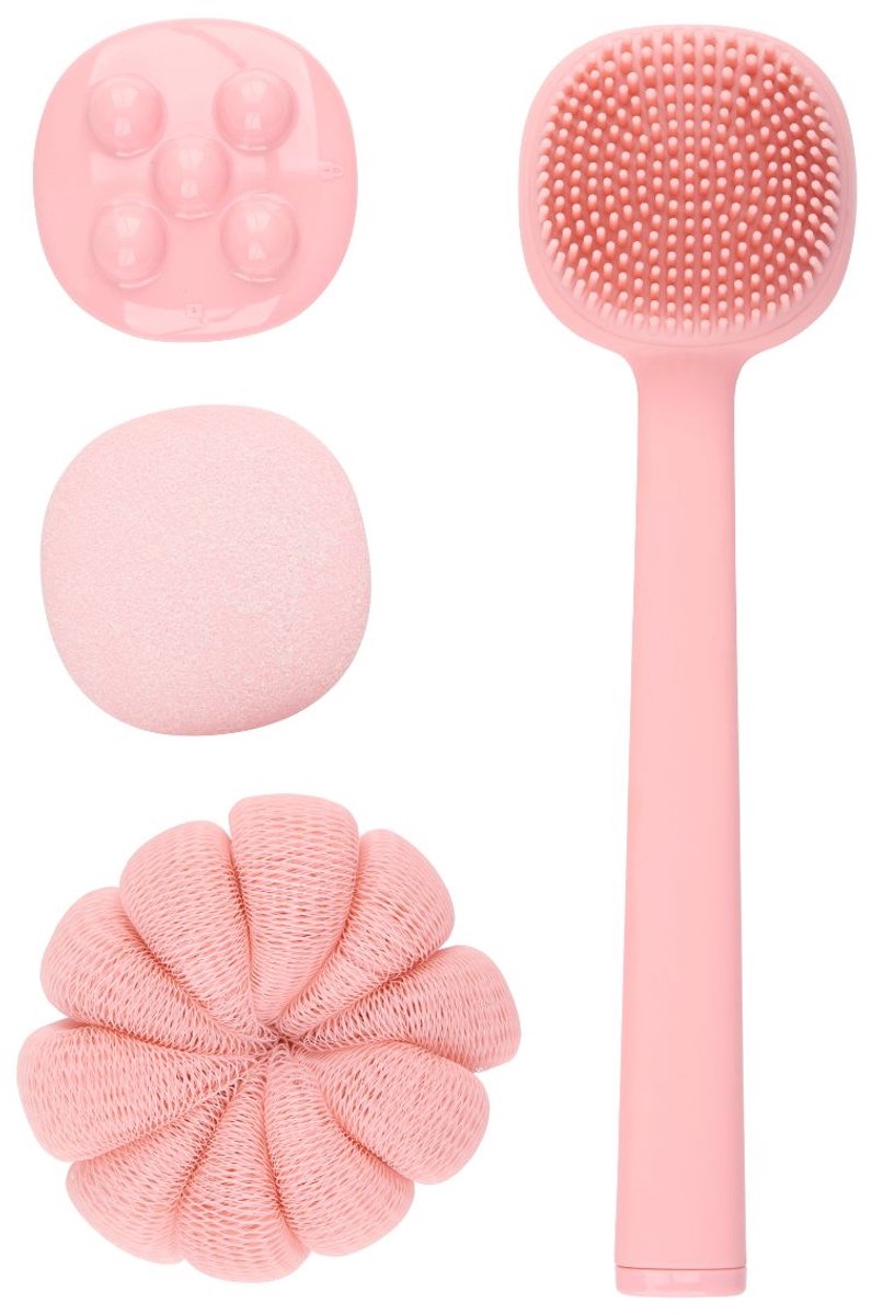Mexx Badset 5 Delig - Badkamer Accessoires Set met Siliconen Badborstel en Douche Spons - Wellness Set met Scrub Set en Douche Accessoires - Roze
