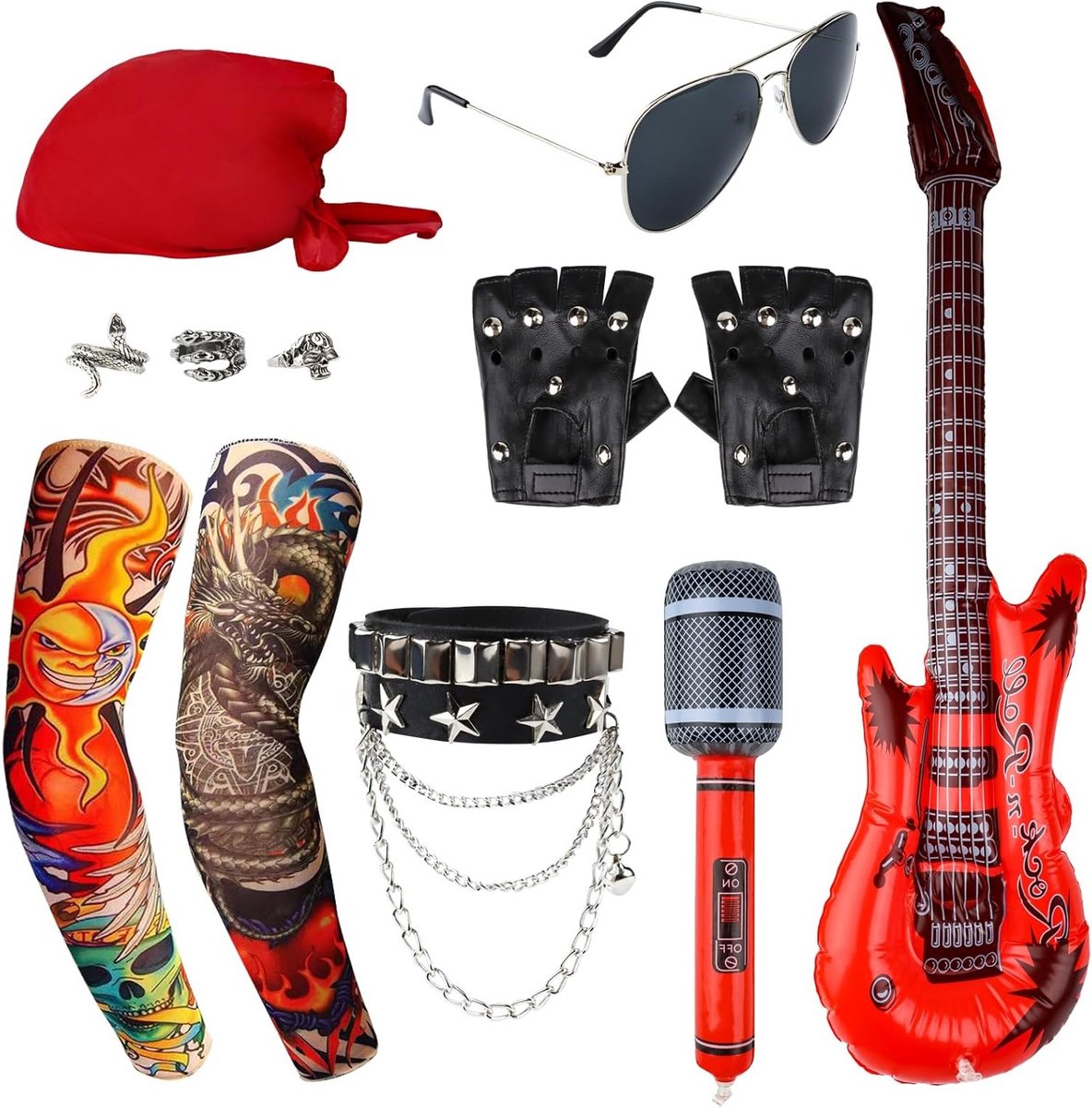 Punk Gothic Rocker Kostuum Accessoires Set voor Mannen, Vrouwen en Kinderen met Ringen, Zonnebril en Handschoenen - Perfect voor Feestjes en Thema Evenementen