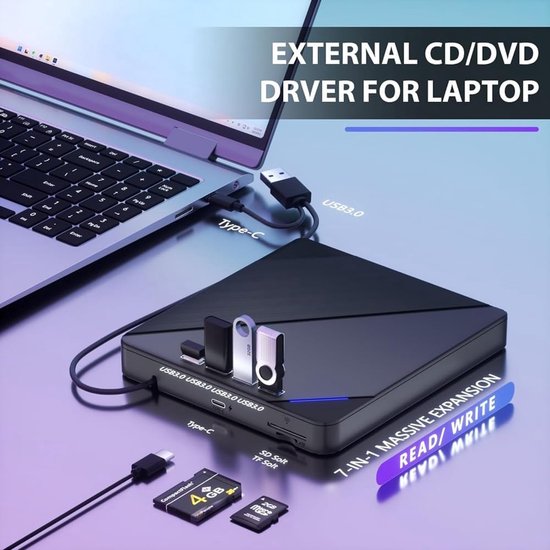 Externe CD/DVD-schijf - Lezer Brander - Bestanden Overzetten - Met Kaartlezers - USB 3.0 - Zwart — afbeelding 3