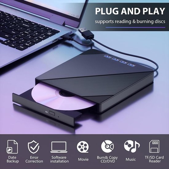 Externe CD/DVD-schijf - Lezer Brander - Bestanden Overzetten - Met Kaartlezers - USB 3.0 - Zwart — afbeelding 4