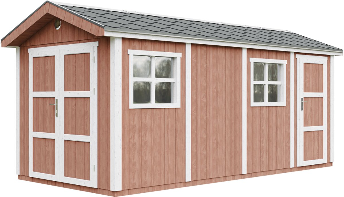 Timbela M915C-REDWOOD RED - LP SmartSide Tuinhuis op houtbasis - 11,47 m² - 530x250xH252 cm - met vloer en verf