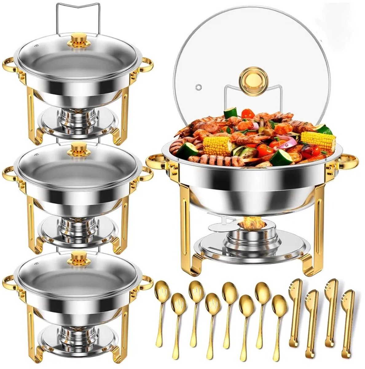 Cellista Buffetwarmer Set 2-Delig 2x5L - Warmhoudbak RVS - Catering Warmhoudset - Buffet Warmhoudschaal Goud - Glazen Deksel - Horeca Buffetset