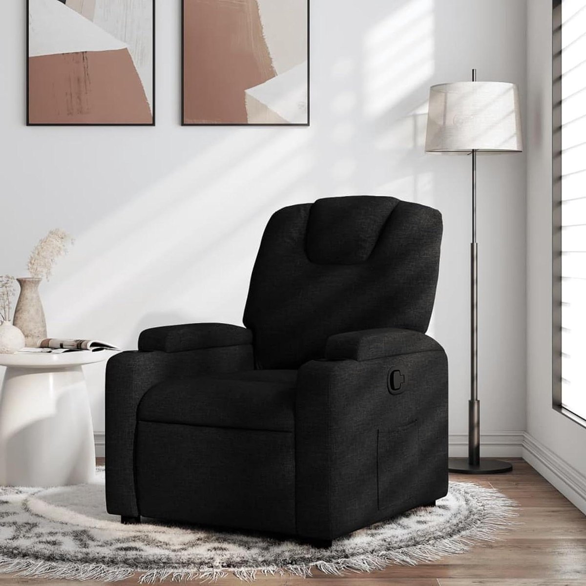 Relaxstoel stof - Comfortstoel fauteuil - Ontspannen tv kijken - Met bekerhouders - Zitbreedte 50 cm - Zwart