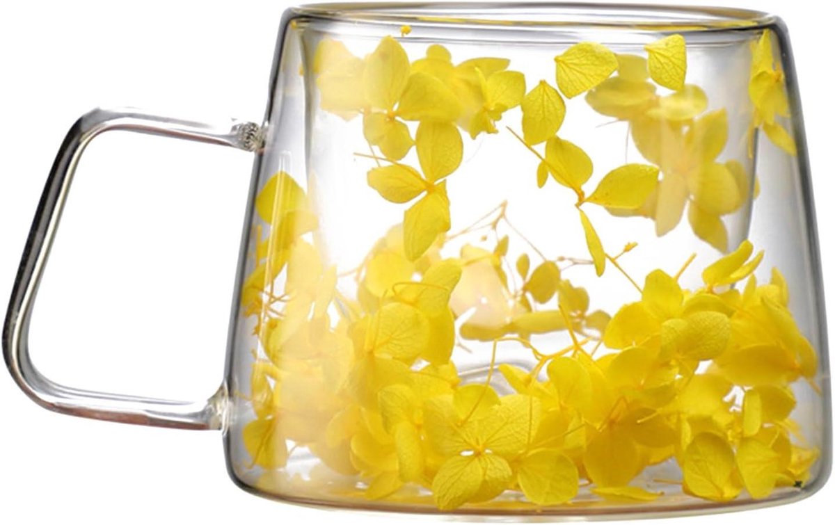 Glazen Mok - Bloemenkopjes - Warme Dranken - Dubbelwandig Ontwerp - 200 ml - Geel