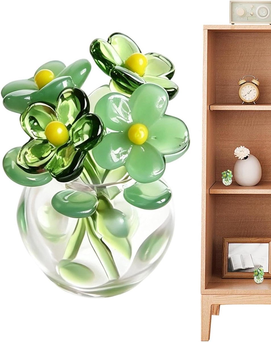 Glazen Bloemen Boeket - Miniatuur Decoratie - Ruimtes Verfraaien - Met Vaas - 6x5x6 cm - Groen
