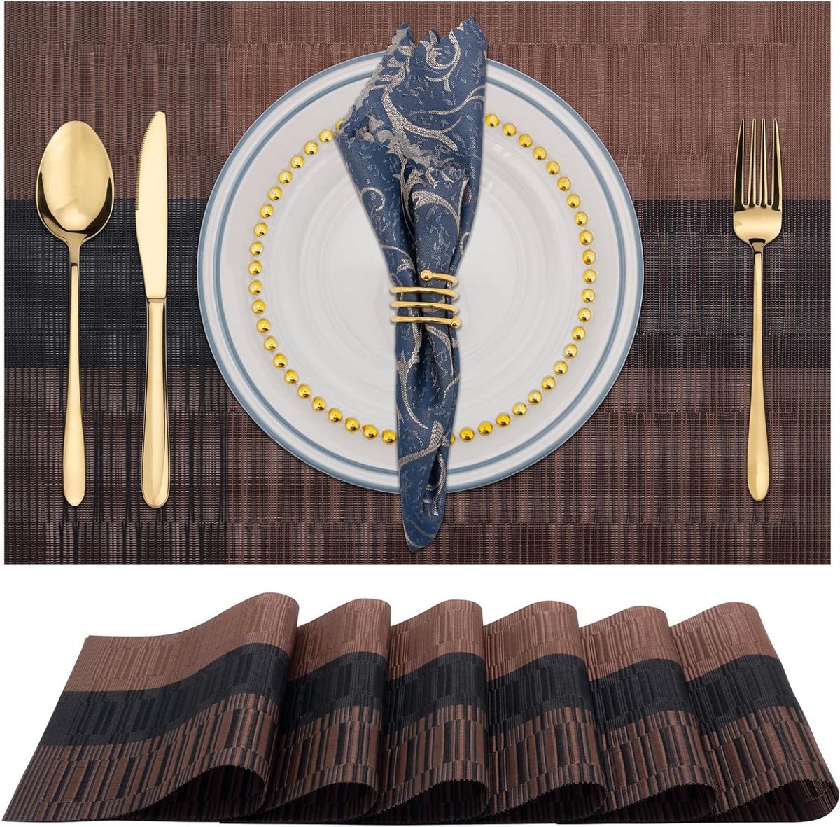 Afwasbare Placemats - Keukenmat Set - Tafel Beschermen - Hittebestendig PVC - 6 Stuks - Bruin