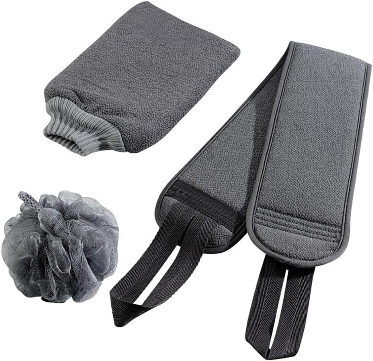 Douche Loofah Set - Bad Scrub - Huid Reinigen - Verlengde Rugschrobber - 3 Stuks - Grijs