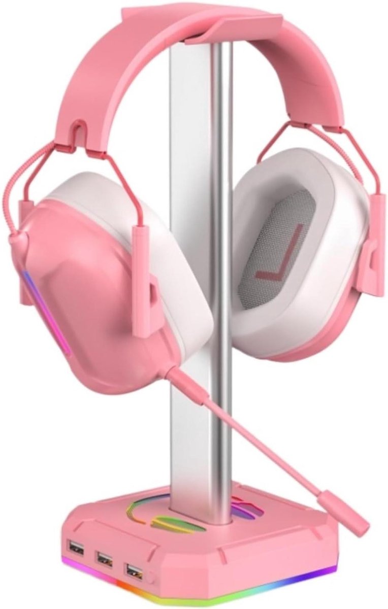 Hoofdtelefoonhouder - Koptelefoonstandaard - Bureau Organisatie - Rollend RGB-licht - 10.5 Inch - Roze