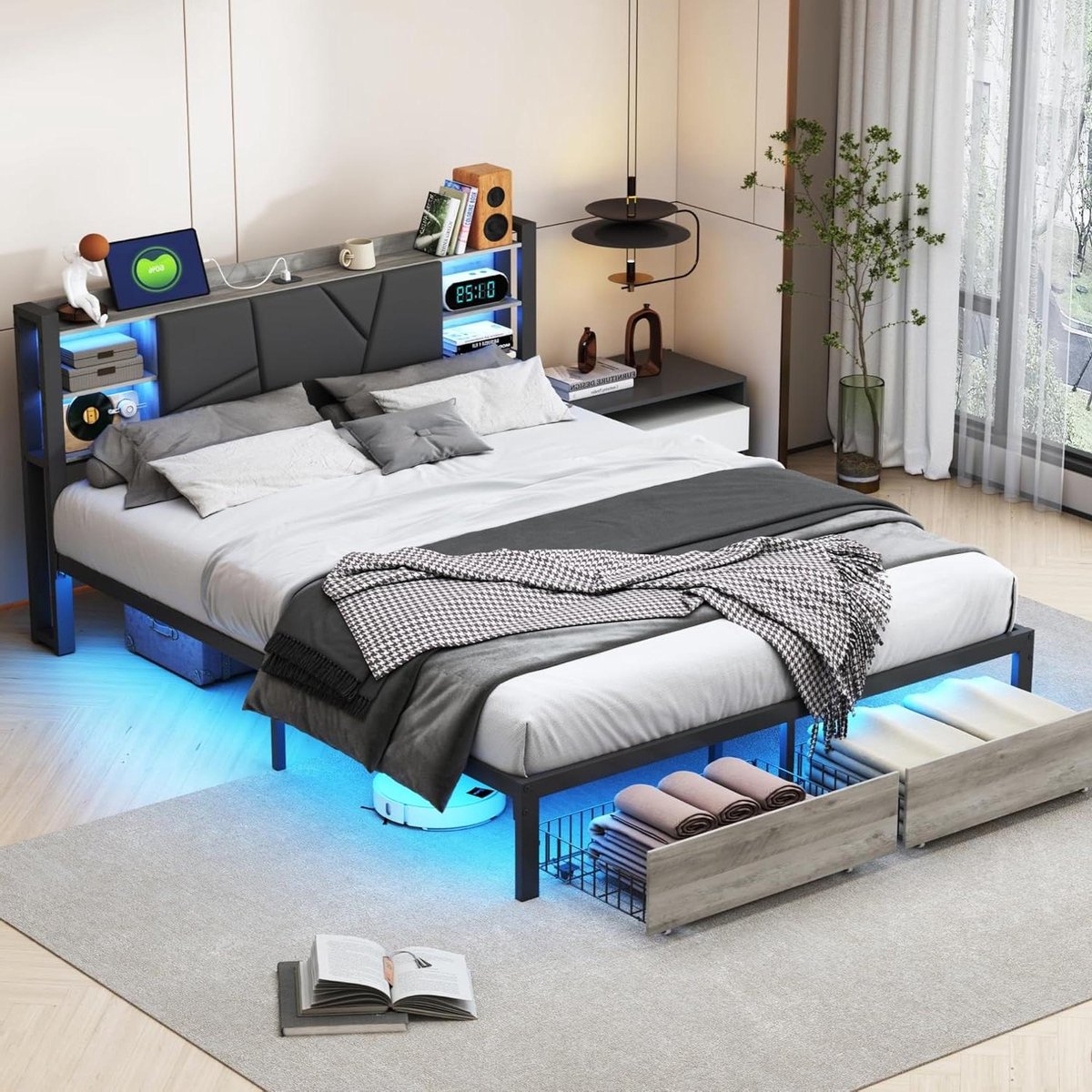 Tweepersoonsbed met ledverlichting, jeugdbed met geïntegreerde opbergruimte, nachtkastje m