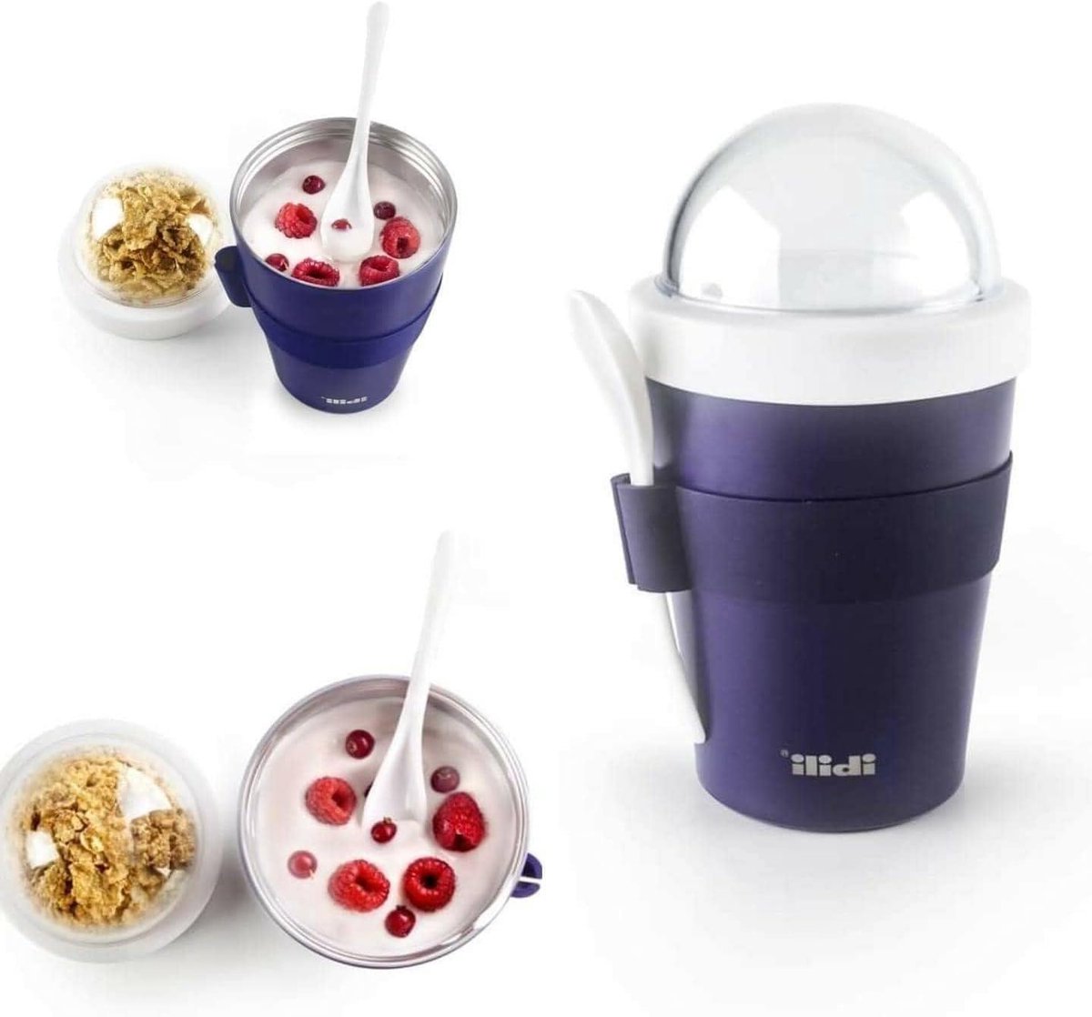 Yoghurt Kom - Ontbijtbeker - Ontbijt Meenemen - Dubbele Wand - 500 ml - Zilver