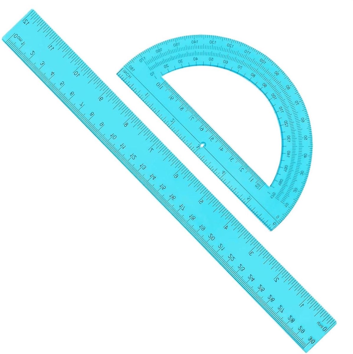 Liniaal en gradenboog - Meetset geometrie - Tekenen en meten - Transparant PVC materiaal - 30 cm liniaal - Blauw
