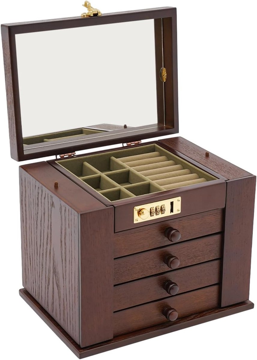 Vouwbare sieradenbox met 5 lagen, houten opbergdoos voor sieraden, veilig slot en ruimte voor ringen en kettingen
