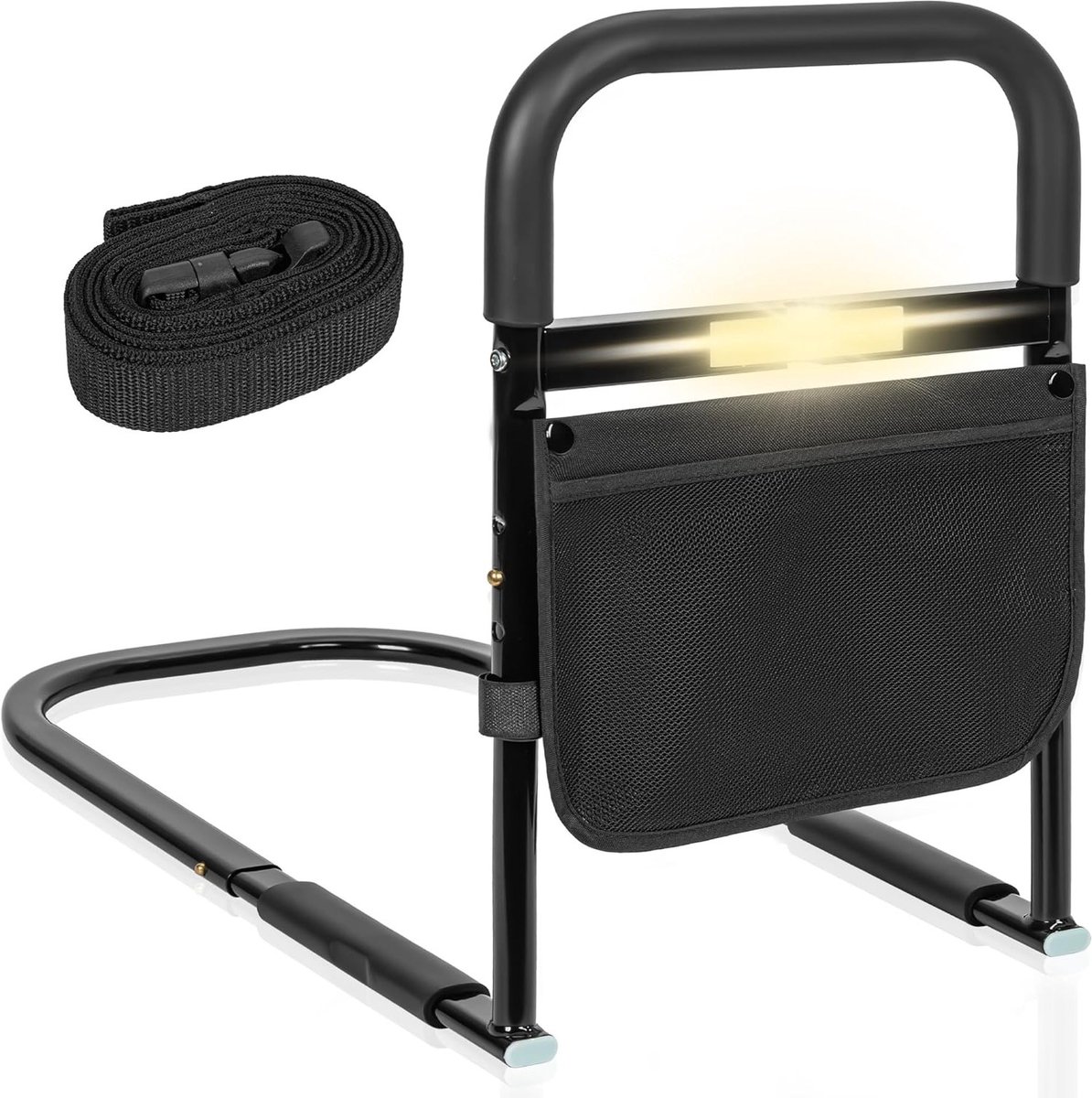 Verstelbare Bedleuning van 47-55 cm voor Ouderen, Valbescherming, Stabiliteit en Veiligheid met Antislip Handgreep, LED Verlichting en Opbergzak