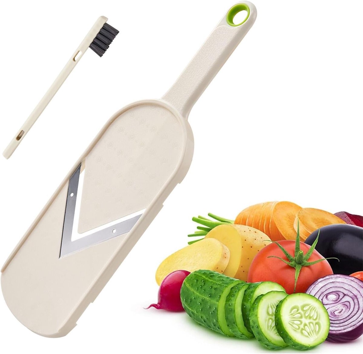 Multifunctionele Handmandoline – Roestvrijstalen V-mes - met reinigingsborstel - comfortabele grip - eenvoudig te reinigen - voor in de keuken groentesnijder - Wit