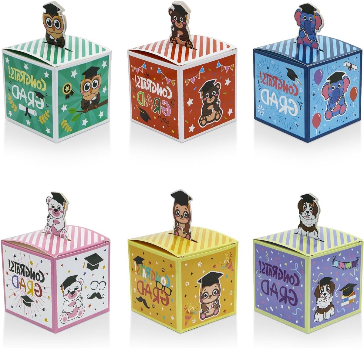 Leuke Afstudeercadeau Doosjes voor Kinderen, 24 Stuks met Kleurrijke Dieren en Afstudeerhoedjes voor Kleuters en Basisschoolfeestjes