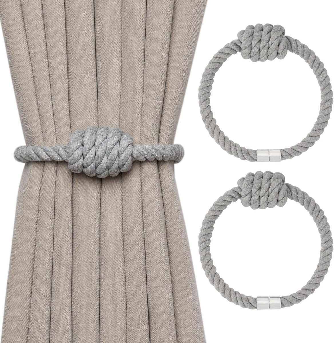 Set van 2 magnetische gordijnbinders van natuurlijk katoenen touw, bohemian stijl, elegante handgeweven touwknoopdecoratie, geschikt voor gordijnen in huis en op kantoor (lichtgrijs)
