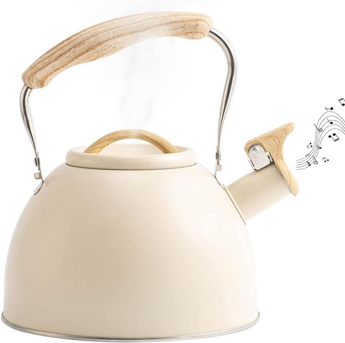 Fluitketel - Theeketel Roestvrijstaal - Water Koken - Houtnerf Handvat - 3 Liter - Wit
