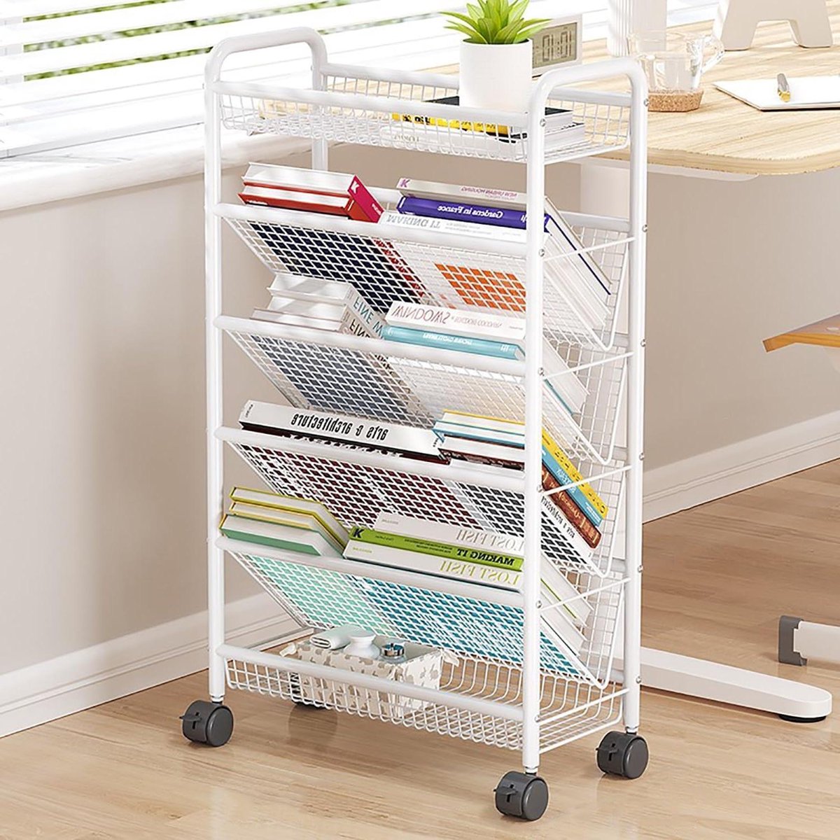 Rollende boekenkar - Opbergtrolley - Ruimte organiseren - 6-laags metaal - 42x19x78cm - Wit