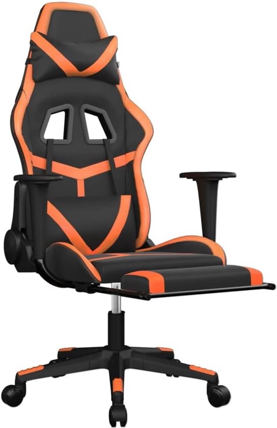 Gamingstoel met massage & voetensteun, zwart oranje kunstleer, verstelbare rugleuning en hoogte, 360 graden draaibaar, robuust metalen frame, max. 110 kg — afbeelding 2