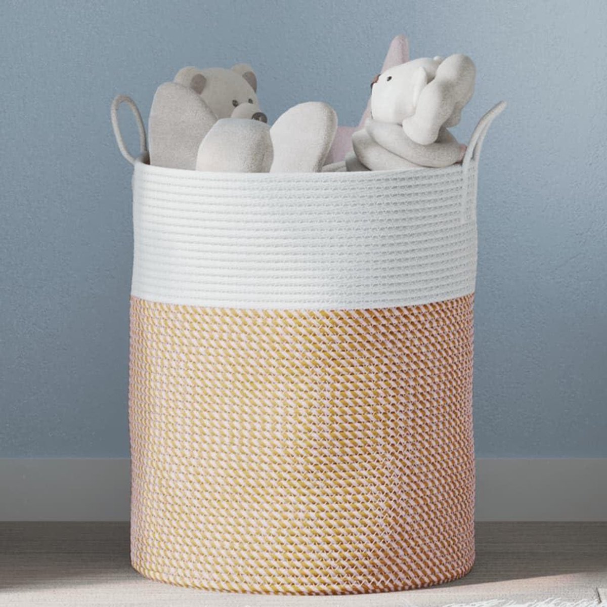 Opbergmand Katoen - Wasmand mand - Ruimte Organiseren - Met Handvatten - Ø38x46 cm - Bruin Wit