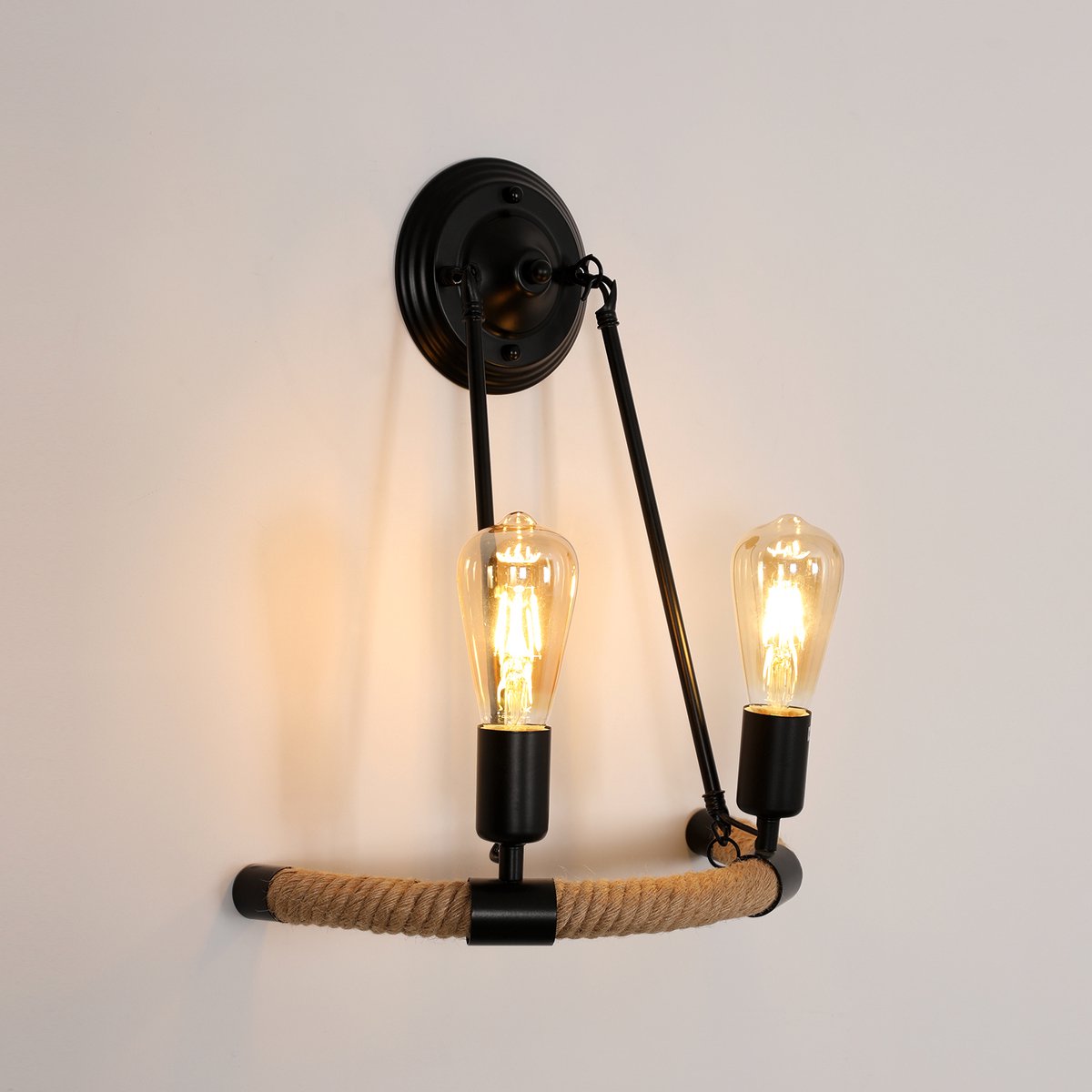 Haobosic Wandlamp Set van 2 - Vintage Touw Design - 36cm - E27 Fitting - Zonder Lichtbron - Zwart - Modern Rustiek - Voor Woonkamer Slaapkamer