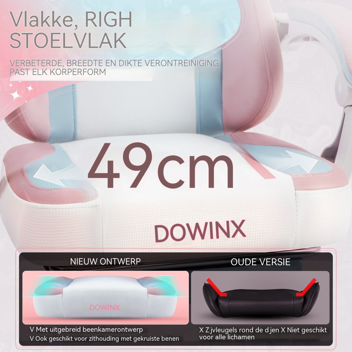 DowinxGaming Stoel Ergonomisch met Voetsteun – Vleugelloze Zit – Verstelbare Rugleuning – Zachte Stof – Multicolor-wit – Voor Gaming, Werk en Studie – Middelgroot – foto 8