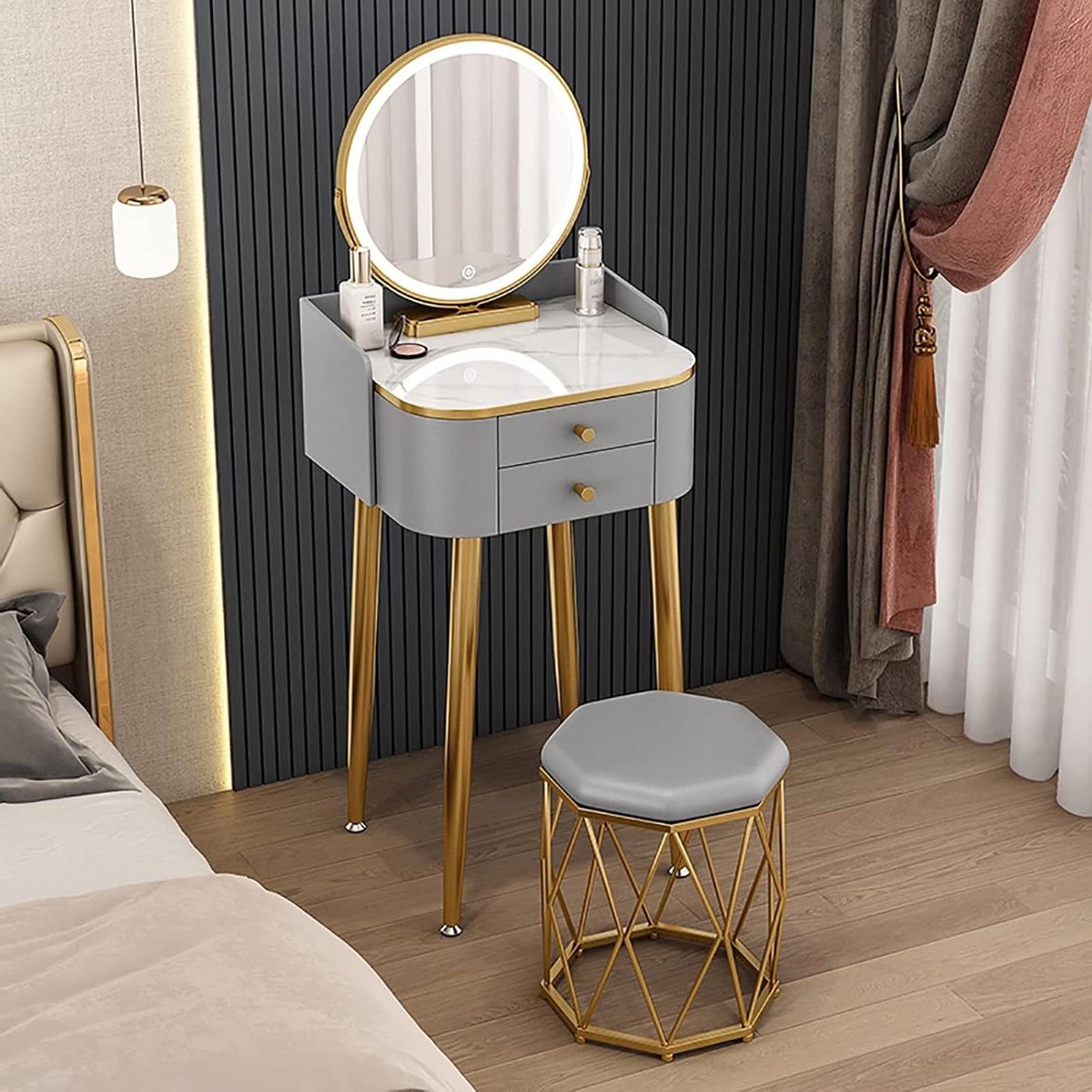 Mini Kaptafel - Slaapkamer Meubel - Make-up Opslag - Verlichte Spiegel - 40cm Breed - Wit