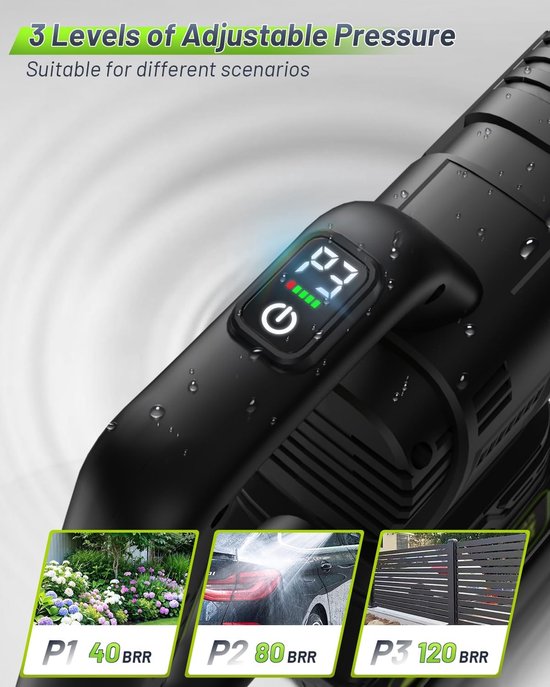 Hogedrukreiniger op Accu - Mobiele Hogedrukreiniger - Borstelloze Motor - 3 Standen - Accu Hogedrukreiniger met 6-in-1 Mondstuk - Draagbare Planten- & Autowasser - Elektrische Reiniger voor Tuin & Terras - Body Exclusief Accu — afbeelding 5
