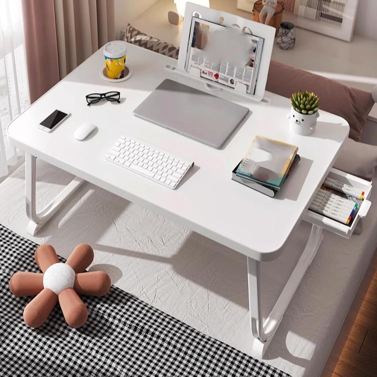 Laptop Bed Tafel - Schoot Bureau - Werken en Lezen - Opvouwbaar Bekerhouder - 70 x 48 cm - Wit
