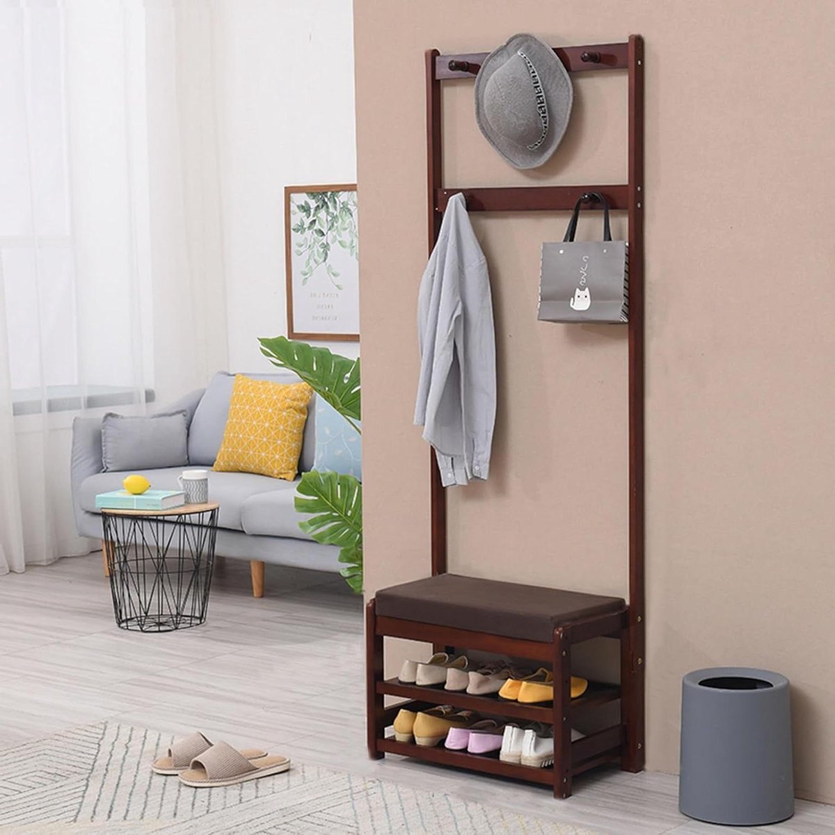 Houten Kapstok Bank - Halmeubel Opberger - Entree Organiseren - 3-in-1 Functionaliteit - 6