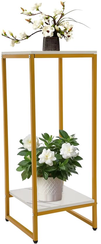 HHHK - Zuil - Goud met Marmer Houtlook - 30x30x75 cm - Metaal en Hout - Plantenzuil - Plantenstandaard - Pilaar - Sokkel