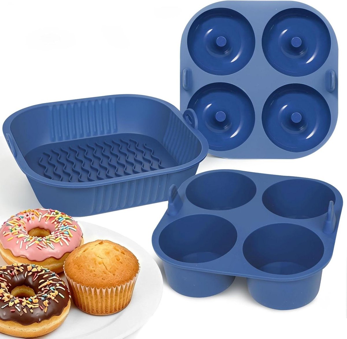 webake Siliconen vormset, grote muffinvorm, donuts, bakvorm, heteluchtfriteuse, mand, siliconen voor heteluchtfriteuse, airfryer, siliconen muffinvorm, bakvorm
