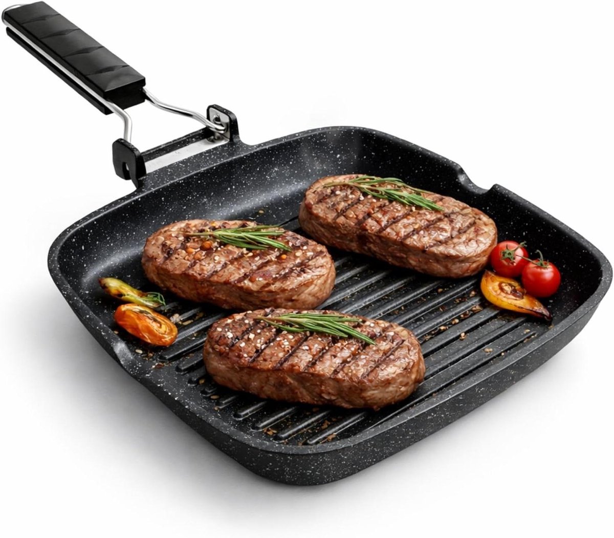 Grillpan Inductie - Antiaanbak Plaat - Gezond Koken - Inklapbare Handgreep - 24 x 24 cm - Zwart