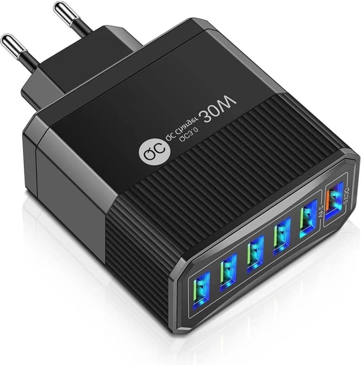 USB-C Snellader - Multi Poort Oplader - Apparaten Opladen - 30W Vermogen - 6 Poorten - Zwart